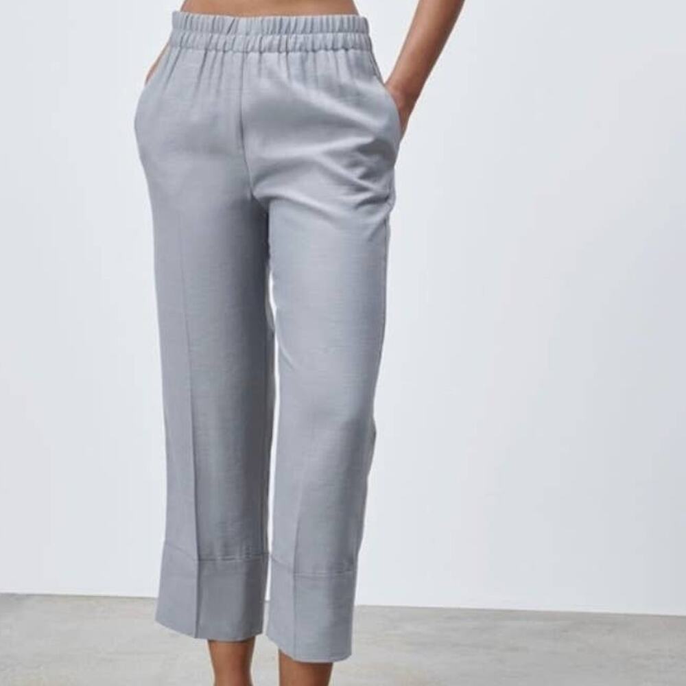 Zara Cuffed Pants Medium Women Pull On Gray Crop Elastic Waist Pull On Work Chic